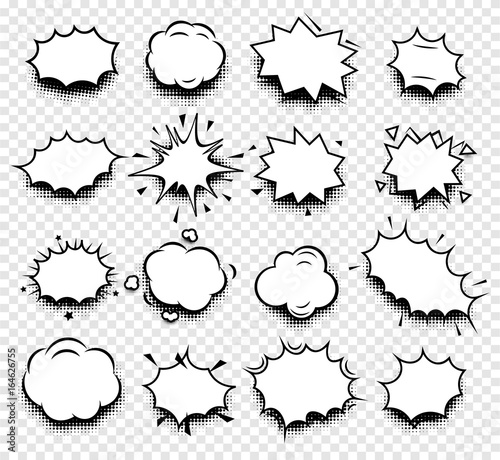 Isolated abstract black and white color comics speech balloons icons collection on checkered background, dialogue boxes signs set,dialog frames vector illustration.