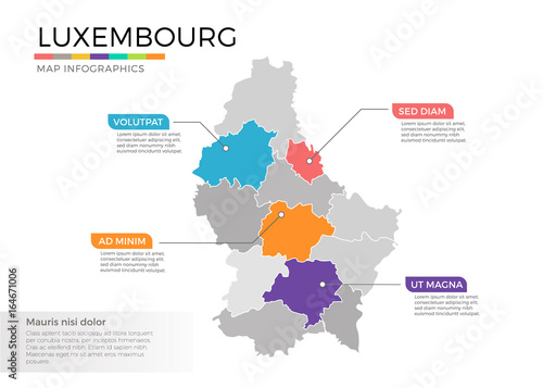 Luxembourg map infographics vector template with regions and pointer marks