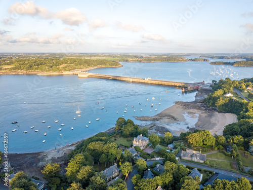 Aerial view on Barrage de la Rance in Brittany close to Saint Malo, Tidal energy at sunset