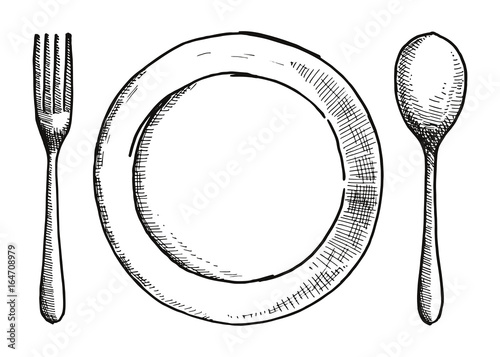 fork spoon and a plate of hand-drawing. Cutlery vector illustration