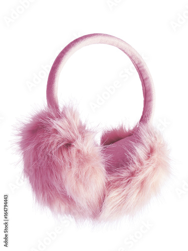 Pink fluffy furry earmuffs isolated on white