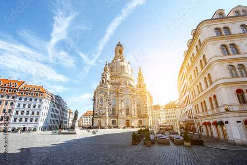 View on the main city square with famous church of Our Lady during the sunrise in Dresden city, Germany