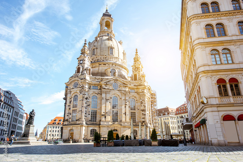 View on the main city square with famous church of Our Lady during the sunrise in Dresden city, Germany