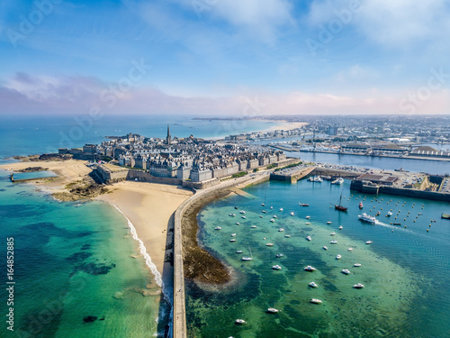 Aerial view of the beautiful city of Privateers on sunset- Saint Malo in Brittany, France