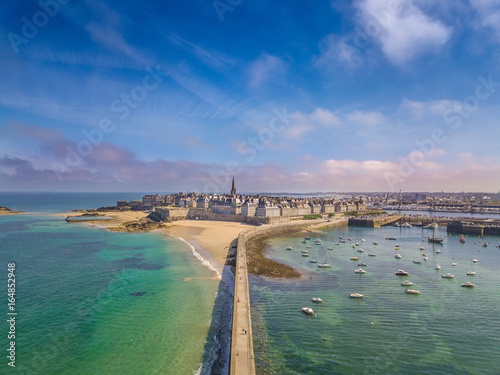 Drone view of the beautiful city of Privateers on sunset- Saint Malo in Brittany, France