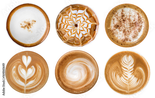 Top view of hot coffee cappuccino latte art foam set isolated on white background