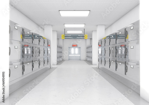 A look down the aisle of fridges in a clean white ward in a mortuary - 3D render