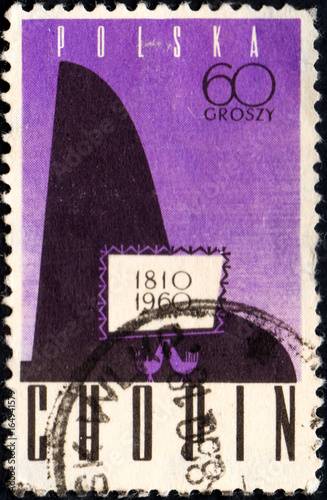 UKRAINE - CIRCA 2017: A postage stamp printed in Poland shows Piano, from the series 150th anniv. Of the birth of Frederic Chopin, circa 1960