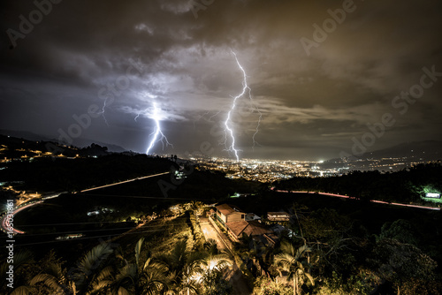 Lightning striking during a heavy storm over the city of city of Pereira, Colombia.