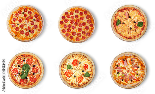 Six different pizza set for menu. Six different pizza set for menu. Meat pizzas with 1-2)Pepperoni 3)Pizza Hawaii 4)With seafood 5) Margarita 6) Pizza Pepperoni Peppers and Sausage