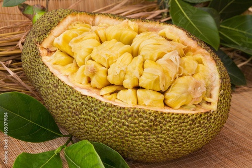 Fresh ripe jackfruit. Fresh sweet jackfruit segment ready for eat. Cutting jackfruit. Fresh sweet Jackfruit segment ready for eat. Tropical fruit. Selective focus.