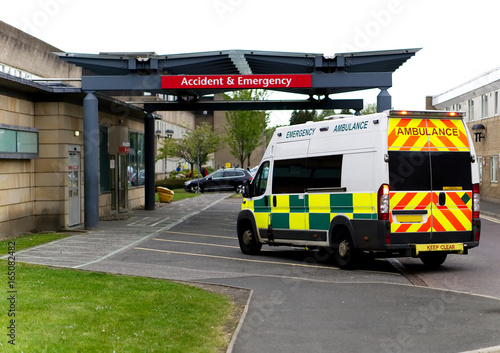 An ambulance drives into an Accident & Emergency ward of a hospital