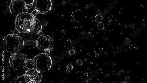 Transparent DNA molecule model against black backdrop. Biochemistry, medicine or genetics related conceptual 3D rendering