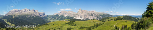 Great landscape on the Dolomites. View on Sella group, Bo peak, Gardenaccia massif and Sassongher summit. Alta Badia, Sud Tirol, Italy