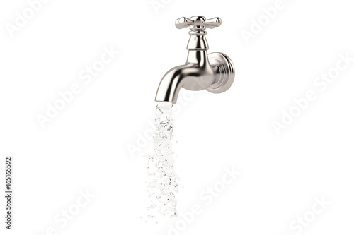 Chrome tap with a water stream isolated on white 3d illustration.