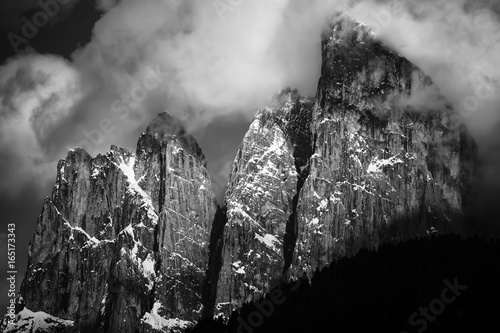 Dolomites Italian Alps at springtime. Black and white landscape