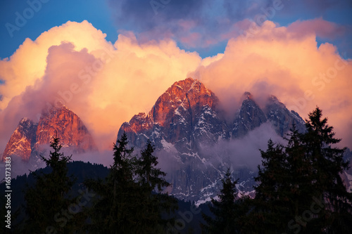 Dolomites Italian Alps at beautiful sunset. Val di Funes, Italy