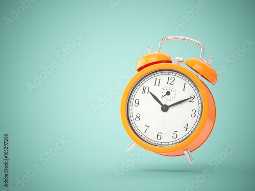 3D rendering orange alarm clock isolated on green background
