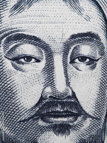 Genghis Khan portrait on Mongolia 1000 Tugrik banknote closeup macro. Founder and Great Khan (Emperor) of the Mongol Empire.