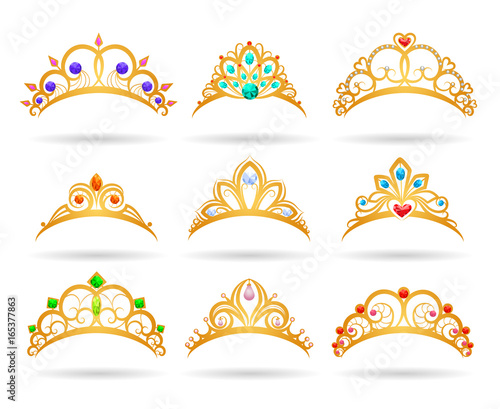 Princess golden tiaras with diamonds isolated on white background. Gold girls crowns vector illustration
