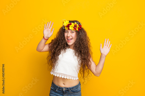 Curly haired girl wearing chaplet