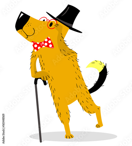 A dog dressed as a gentleman с pince-nez and walking stick. Vintage suit and accessories.