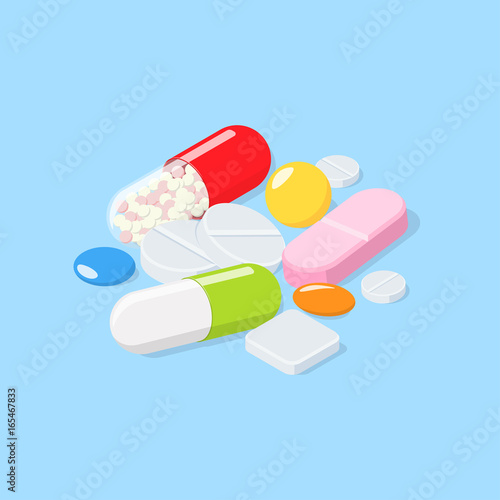 Different medical pills, tablets, capsules.