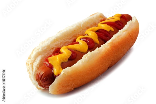 Hot dog with mustard and ketchup, side view isolated on a white background