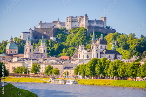 Beautiful view of Salzburg, Fortress Hohensalzburg and Salzach river in summer, Salzburg, Salzburger Land, Austria