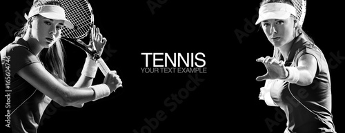 Sport concept. Sports woman tennis player with a racket. Copy space. Black and white photo. Sport concept.
