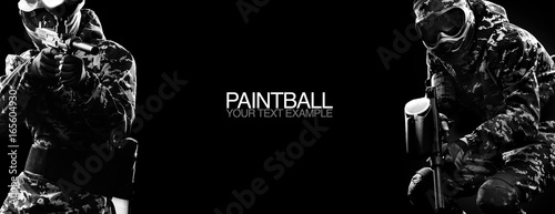 Paintball game and lasertag soldiers in military isolated on black background. Poster concept with copy space. Sport concept.