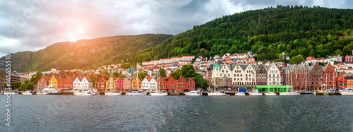 Panoramic Famous Bryggen street with wooden colored houses in Bergen, Norway, UNESCO world heritage cite - architecture background