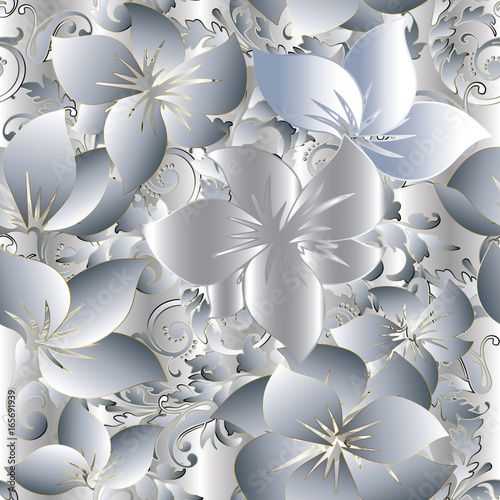Light floral 3d seamless pattern background wallpaper with vintage decorative 3d white gold flowers, scroll swirl leaves and baroque ornaments. Flourish elegant endless texture. Modern flowery design.