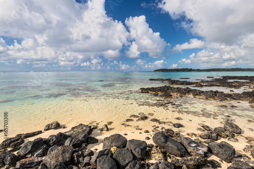 Wide-angle view of the Blue Bay Marine Park, Mauritius, Mahebourg, Indian Ocean. Polarizer filter used.