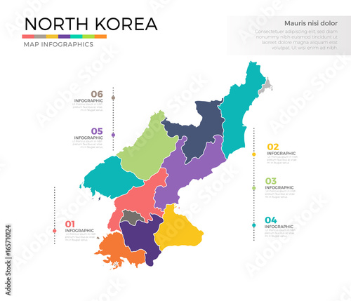 North Korea country map infographic colored vector template with regions and pointer marks