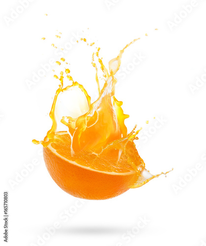 Fresh slide half of ripe orange fruit with orange juice splash water isolated on white background