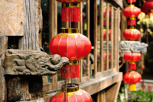 Lijiang old city Wooden architecture detail China. Yunnan province. Lijiang is famous for its UNESCO Heritage Site the Old Town of Lijiang in crowds visited by Chinese tourists