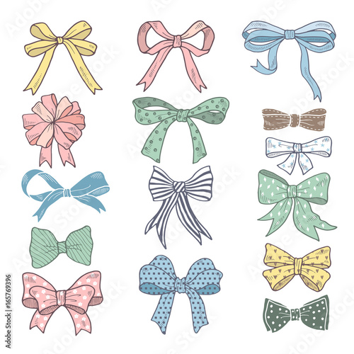 Holiday bows and ribbons in cartoon style. Vector pictures set