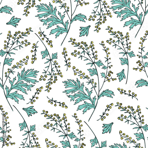 Seamless floral vector pattern Artemisia absinthium, wormwood hand drawn colorful ink sketch isolated on white background, Also called absinthium, wormwood common, Absinthe plant for design cosmetic
