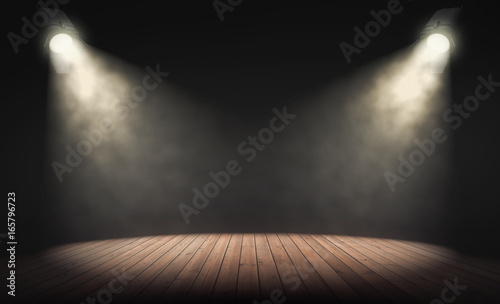 Spotlights illuminate empty stage with dark background. 3d rendering