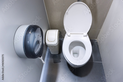 Toilet bowl in a modern bathroom with bins and toilet paper,flush toilet clean bathroom