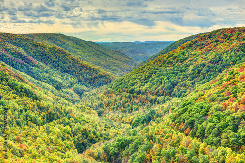 Colorful Allegheny mountains in autumn with foliage at Lindy Point overlook in West Virginia, USA