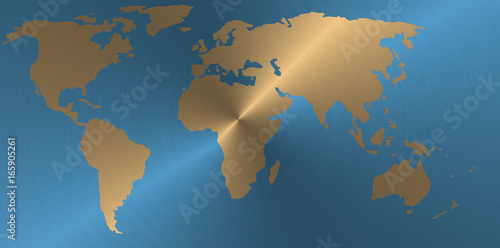 3d illustration of world map with circular metal effect in golden and blue colors