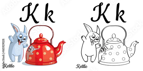 Kettle. Vector alphabet letter K, coloring page