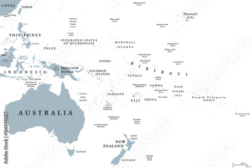 Oceania political map with countries. English labeling. Region, comprising Australia and the Pacific islands with the regions Melanesia, Micronesia and Polynesia. Gray illustration over white. Vector.