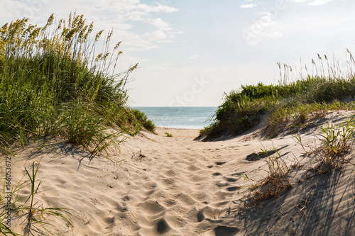 Sandy pathway to Coquina Beach on the Outer Banks in North Carolina at Cape Hatteras National Seashore.