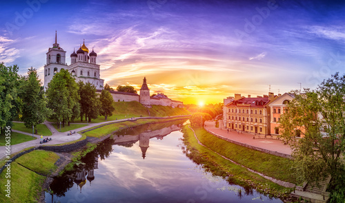 Kremlin in Pskov, Russia. Ancient fortress. Golden dome of Trinity Church. The Golden Embankment of Pskov.