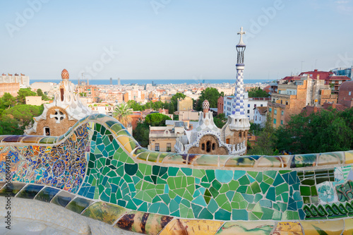 Gaudi bench and cityscape of Barcelona from park Guell, famous view of Barcelona, Spain
