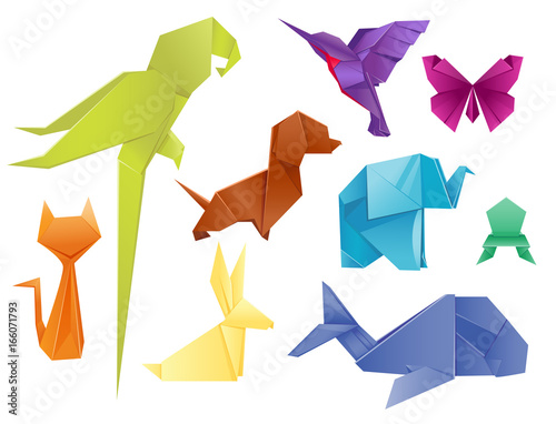Animals origami set japanese folded modern wildlife hobby symbol creative decoration vector illustration.