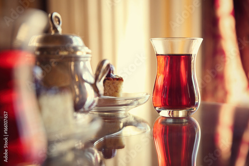 Turkish tea in traditional glass on table